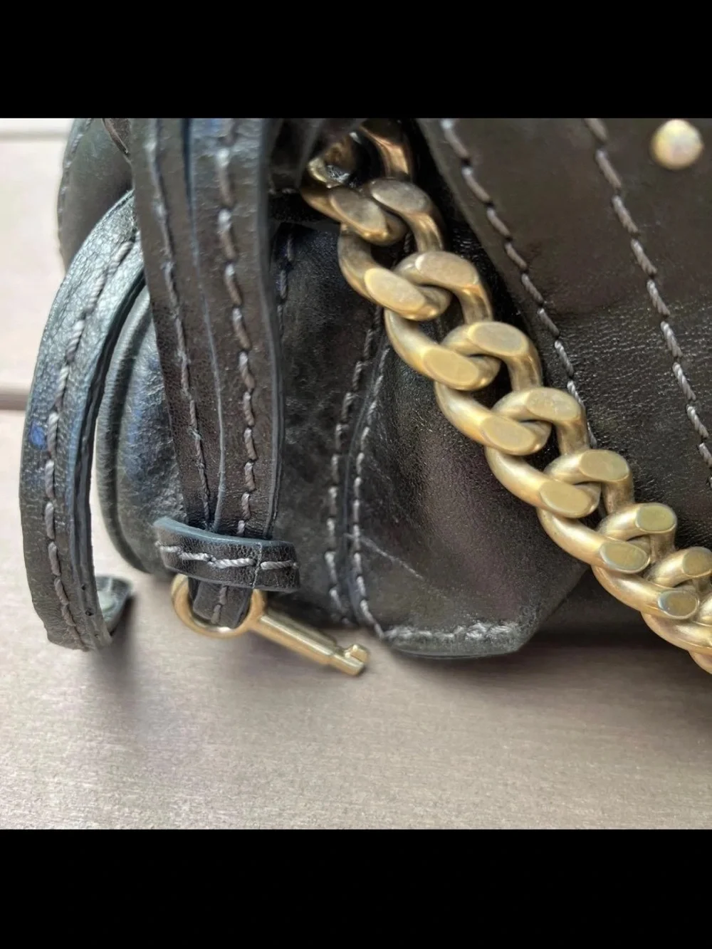 Chloe Black Leather Satchel with Brass Chain Detail